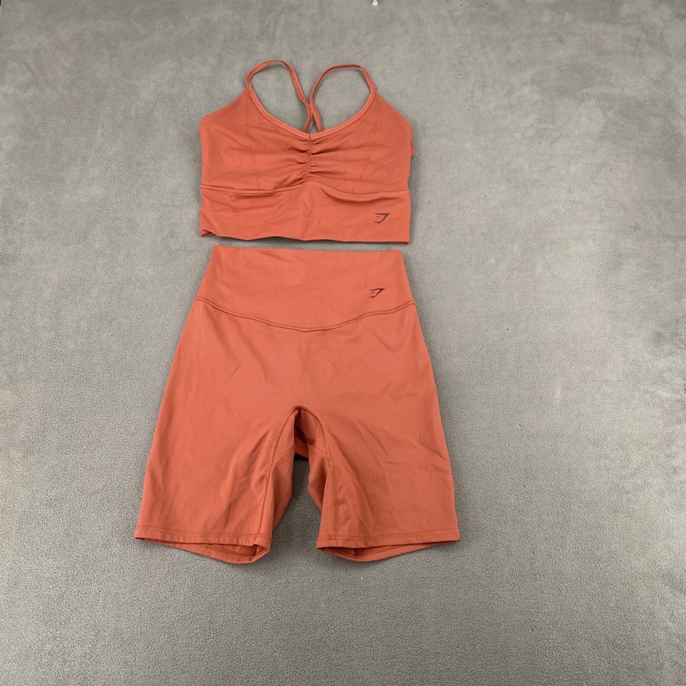 Gymshark Womens Ruched Sports Bra and Biker Shorts Set Terracotta Orange Size M